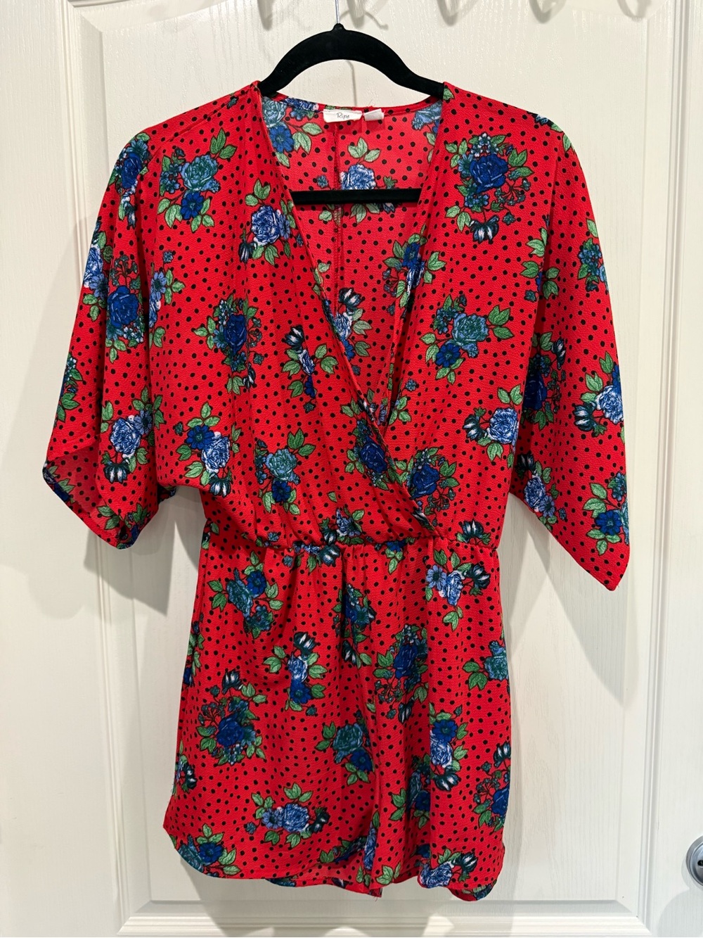Ripe Red Floral Polka Dot Wrap Romper with Blue Flowers